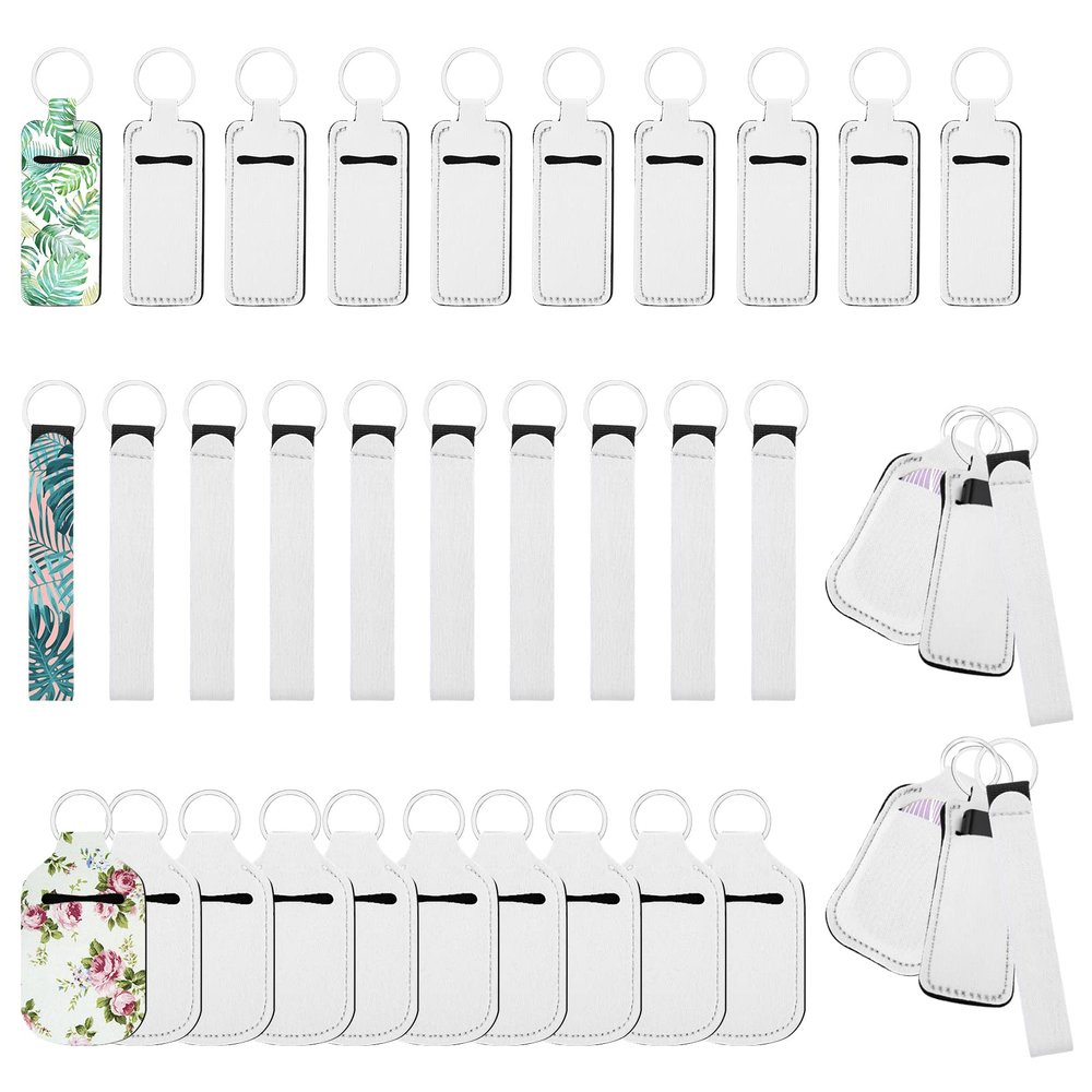 KKUYT 30PCS Sublimation Blanks Chapstick Holder Wristlet Keychain Lanyards Set, Heat Transfer Neoprene Wristlet Lanyard Balnk Lipstick Holder and Travel Bottle Holder Keychain Set for Women Girls DIY
