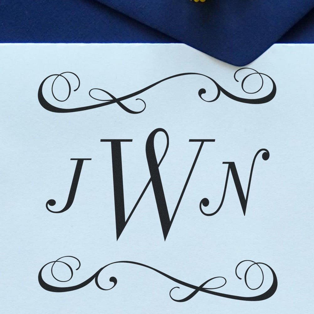 Bellevue Monogram Rubber Stamp, Square Imprint, Size 1-5/8", Custom Made, Decorative Border, Monogram Rubber Stamp Custom, Uses Stamp Pad