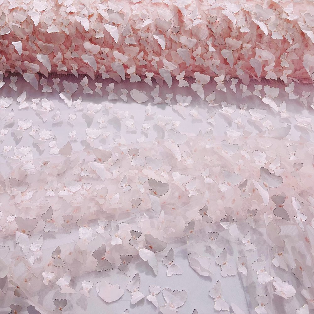 New Creations Fabric & Foam Inc, 49/50" Wide Metallic Edge 3-D Butterfly Design Embroidered On A Mesh Fabric (5 Yards, Light Pink)