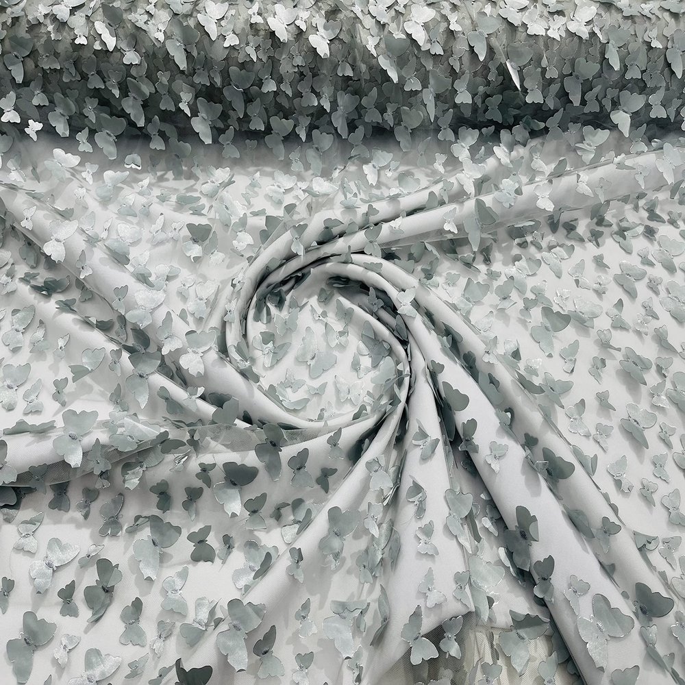 New Creations Fabric & Foam Inc, 49/50" Wide Metallic Edge 3-D Butterfly Design Embroidered On A Mesh Fabric (5 Yards, Silver/Grey)