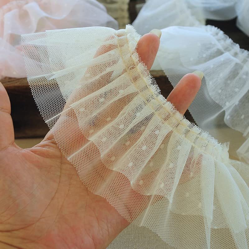 HZLXF1 lace 7.5CM Wide Double Layers Polka Dot Yarn Lace 3D Pleated Fabric Ruffle Trim Ribbon Suitable for DIY Women Dress Guipure Sewing Supplies lace Trim (Color : Apricot)