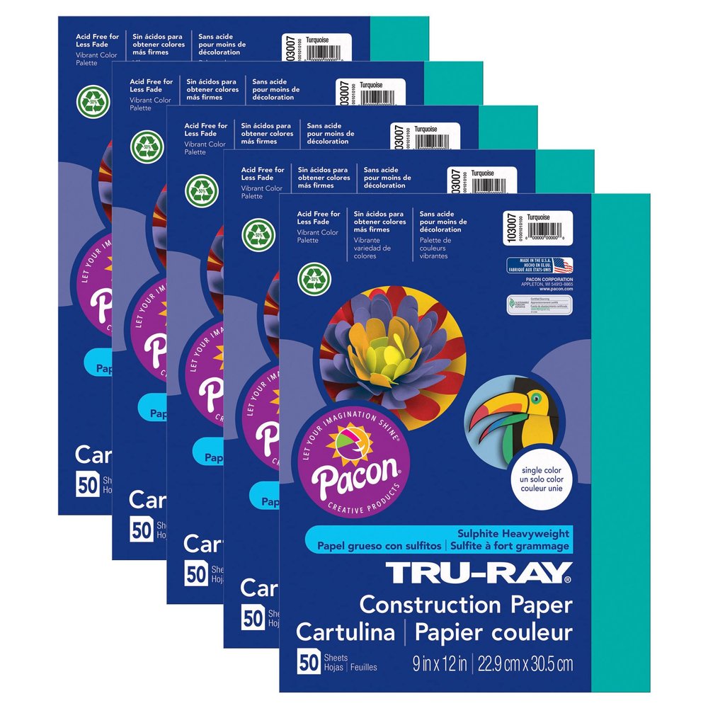 Tru-Ray Construction Paper, Turquoise, 9" x 12", 50 Sheets Per Pack, 5 Packs