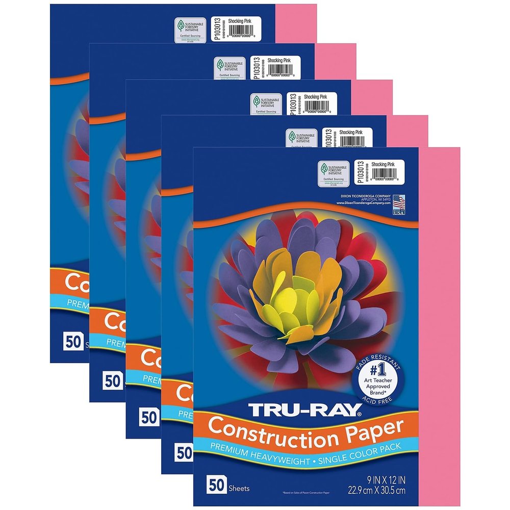 Tru-Ray Construction Paper, Shocking Pink, 9" x 12", 50 Sheets Per Pack, 5 Packs