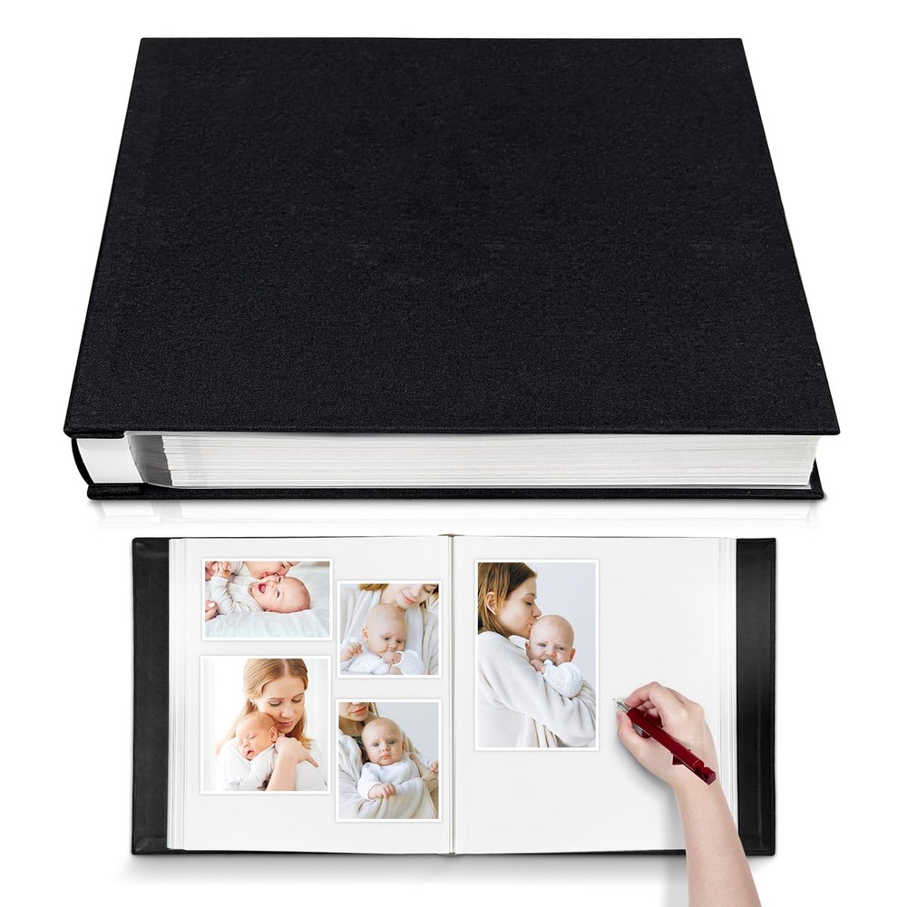 HoneyTolly Large Photo Album Self Adhesive 4x6 8x10 10x12 13"x12.8" Magnetic Scrapbook Album 12.6"x11" Inch 60 Sticky Pages Linen Cover DIY Photo Album with A Metallic Pen and DIY Stickers(Black)