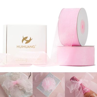 HUIHUANG 2 Rolls Shimmer Sheer Organza Ribbon 1-1/2 Inch Pink Chiffon Fabric Ribbon for Wedding Gift Wrapping Floral Bouquet Baby Shower All Types of Crafts - 50 Yards Each Roll