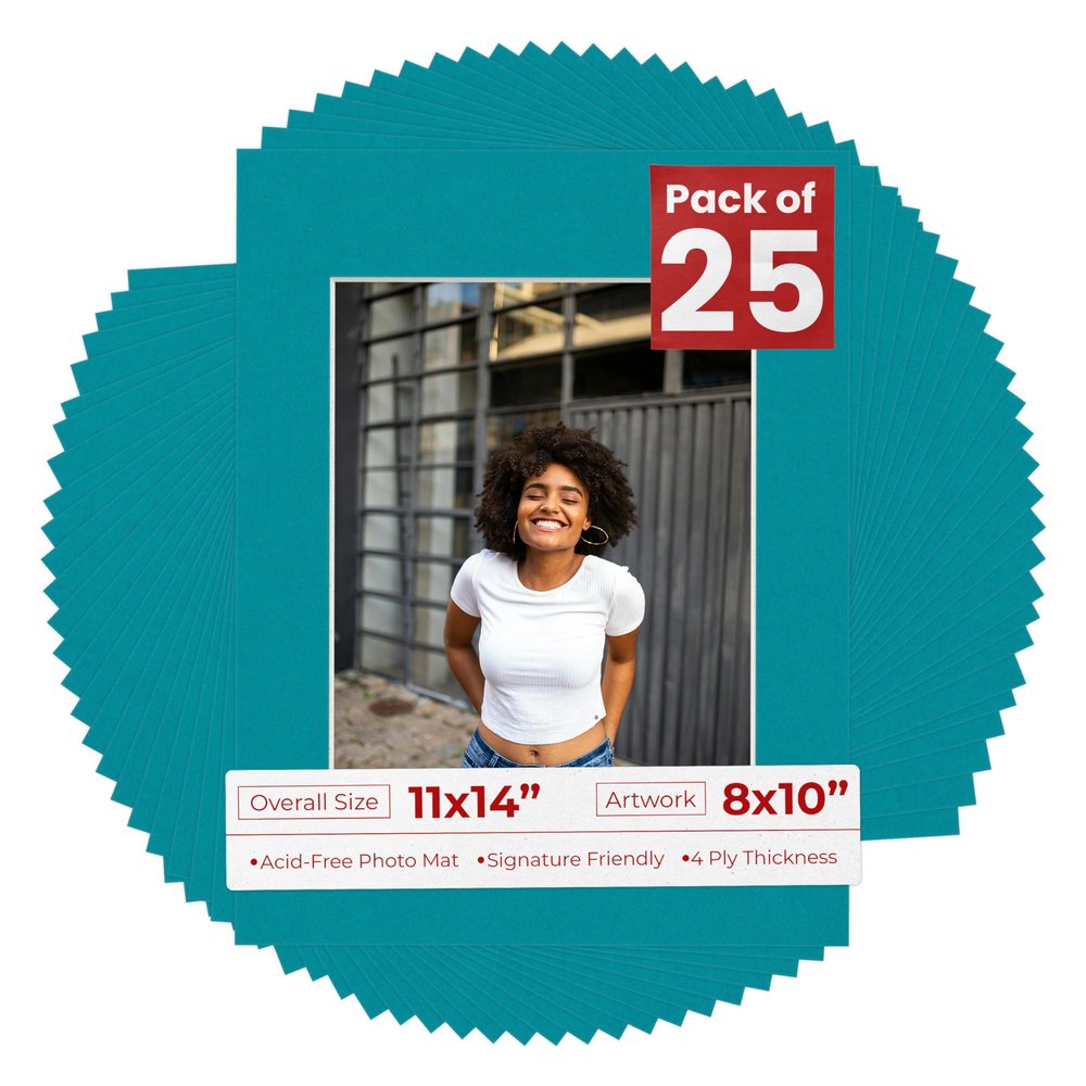 8x10 Mat for 11x14 Frame - Precut Mat Board Acid-Free Teal Blue 8x10 Photo Matte Made to Fit a 11x14 Picture Frame, Premium Matboard for Family Photos, Show Kits, Art, Picture Framing, Pack of 25 Mats