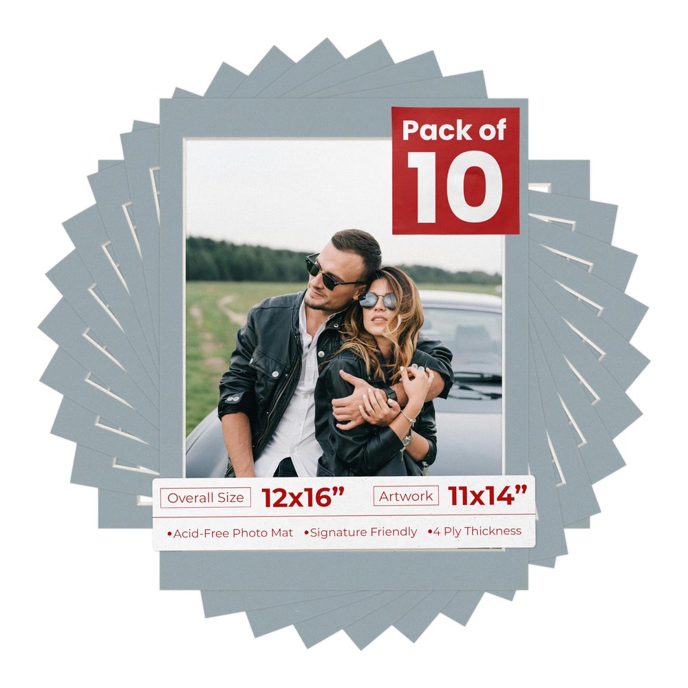 11x14 Mat for 12x16 Frame - Precut Mat Board Acid-Free Metallic Silver 11x14 Photo Matte For a 12x16 Picture Frame, Premium Matboard for Family Photos, Show Kits, Art, Picture Framing, Pack of 10 Mats