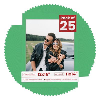 11x14 Mat for 12x16 Frame - Precut Mat Board Acid-Free Bright Green 11x14 Photo Matte For a 12x16 Picture Frame, Premium Matboard for Family Photos, Show Kits, Art, Picture Framing, Pack of 25 Mats