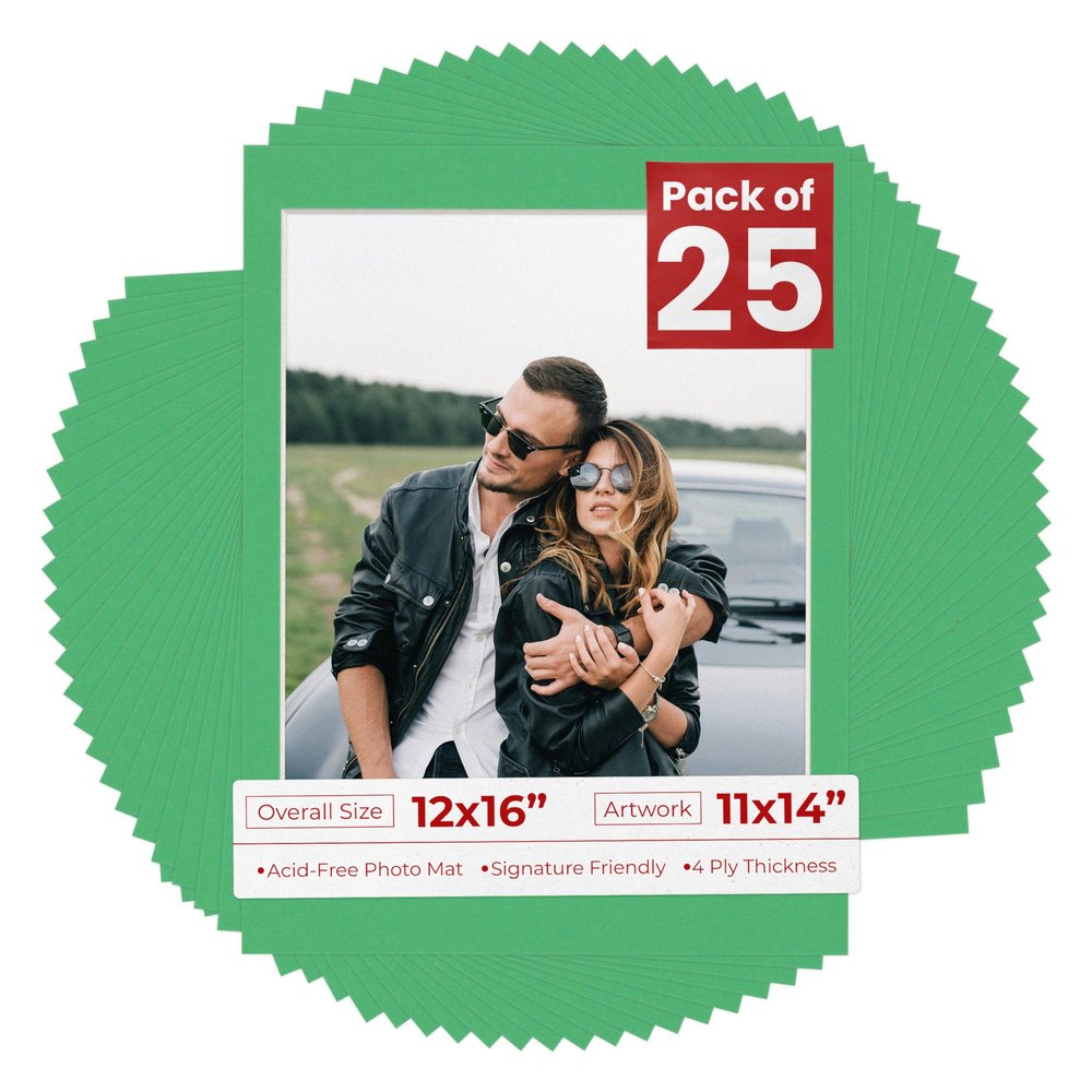 11x14 Mat for 12x16 Frame - Precut Mat Board Acid-Free Bright Green 11x14 Photo Matte For a 12x16 Picture Frame, Premium Matboard for Family Photos, Show Kits, Art, Picture Framing, Pack of 25 Mats