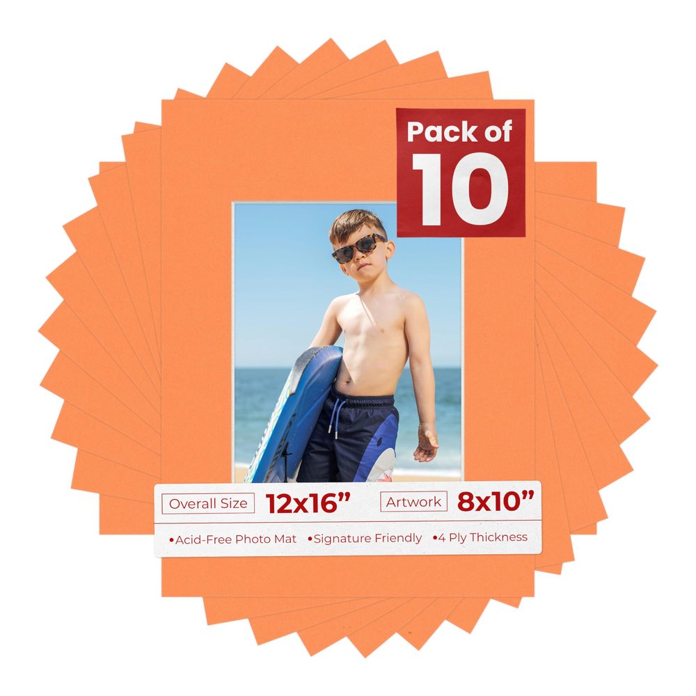 8x10 Mat for 12x16 Frame - Precut Mat Board Acid-Free Orange 8x10 Photo Matte Made to Fit a 12x16 Picture Frame, Premium Matboard for Family Photos, Show Kits, Art, Picture Framing, Pack of 10 Mats