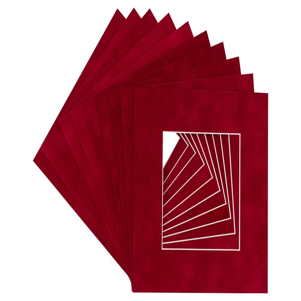 5x5 Mat For 7x7 Frame - Precut Bright Red Suede Square Shaped Photo Mat Board Opening - Acid Free Matte Bevel Cut for Family Photos, Pack of 25 Matboards Show Kit With Acid Free Backings & Clear Bags