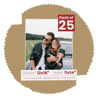 11x14 Mat for 12x16 Frame - Precut Mat Board Acid-Free Rattan Beige 11x14 Photo Matte For a 12x16 Picture Frame, Premium Matboard for Family Photos, Show Kits, Art, Picture Framing, Pack of 25 Mats