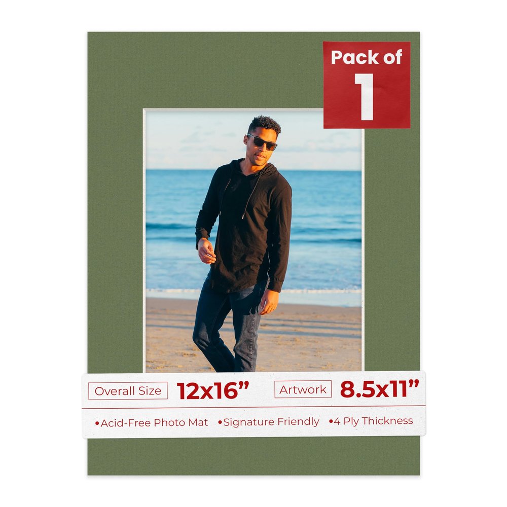 8.5x11 Mat for 12x16 Frame - Precut Mat Board Acid-Free Dill Green 8.5x11 Photo Matte For a 12x16 Picture Frame, Premium Matboard for Family Photos, Show Kits, Art, Picture Framing, Pack of 1 Mat