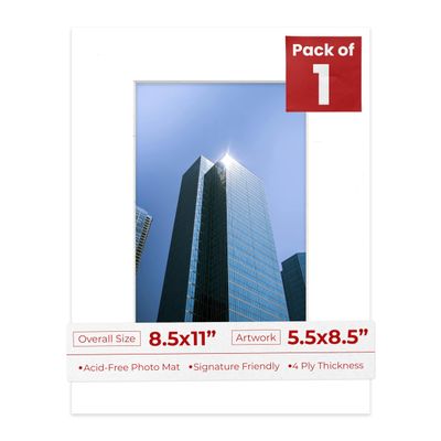 5.5x8.5 Mat for 8.5x11 Frame - Precut Mat Board Acid-Free Textured White 5.5x8.5 Photo Matte For a 8.5x11 Picture Frame, Matboard for Family Photos, Show Kits, Art, Picture Framing, Pack of 1 Mat