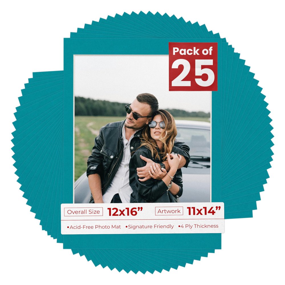 11x14 Mat for 12x16 Frame - Precut Mat Board Acid-Free Teal Blue 11x14 Photo Matte For a 12x16 Picture Frame, Premium Matboard for Family Photos, Show Kits, Art, Picture Framing, Pack of 25 Mats