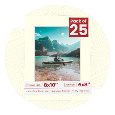 6x8 Mat for 8x10 Frame - Precut Mat Board Acid-Free Textured Cream 6x8 Photo Matte For a 8x10 Picture Frame, Premium Matboard for Family Photos, Show Kits, Art, Picture Framing, Pack of 25 Mats