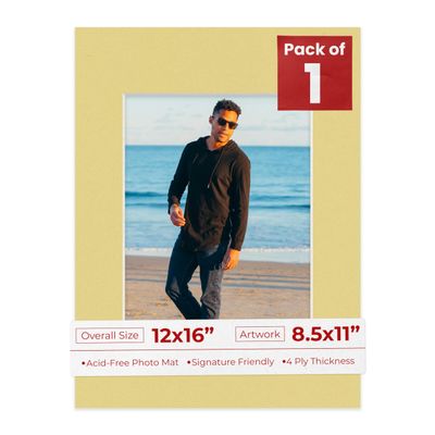 8.5x11 Mat for 12x16 Frame - Precut Mat Board Acid-Free Soft Yellow 8.5x11 Photo Matte For a 12x16 Picture Frame, Premium Matboard for Family Photos, Show Kits, Art, Picture Framing, Pack of 1 Mat