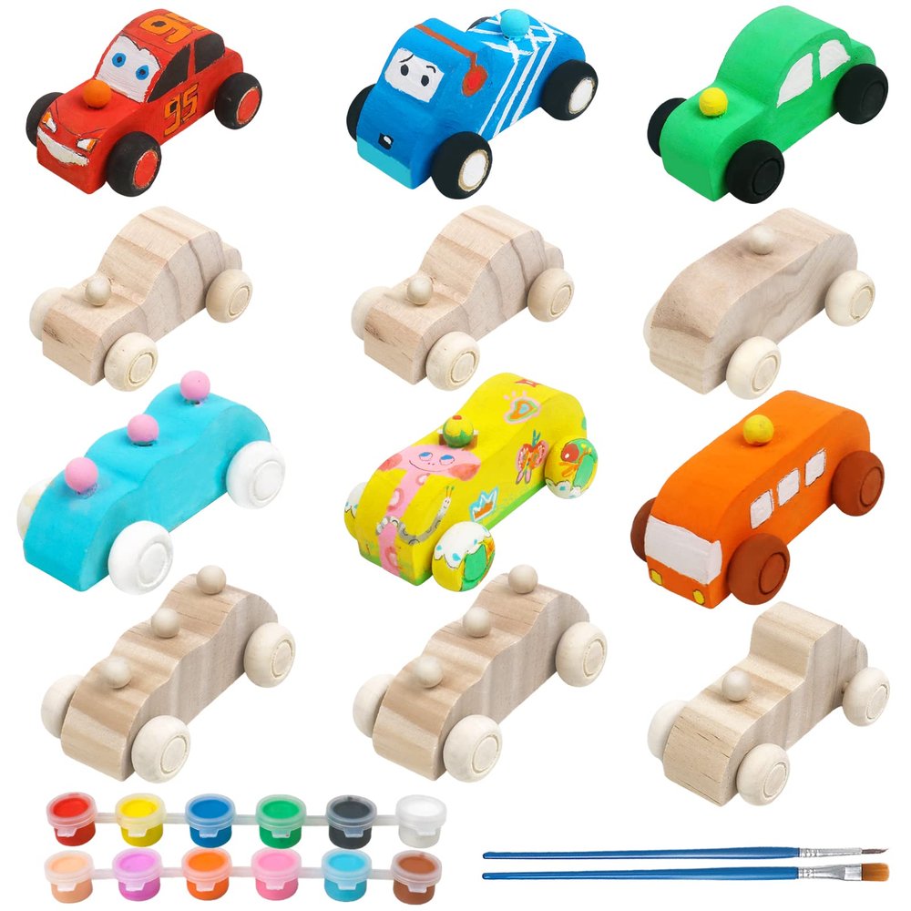WANTKA Wooden Cars Unfinished Wood Crafts DIY Craft Wood Kit for Student Family Activities Arts and Crafts Kit for Kids (12 PCS)