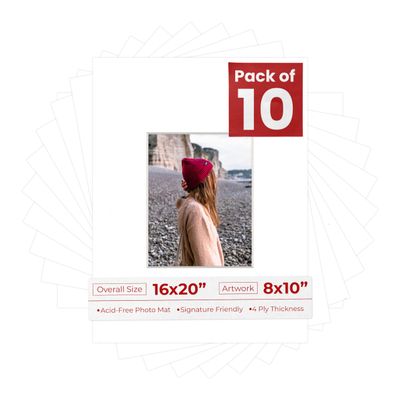 8x10 Mat for 16x20 Frame - Precut Mat Board Acid-Free White 8x10 Photo Matte Made to Fit a 16x20 Picture Frame, Premium Matboard for Family Photos, Show Kits, Art, Picture Framing, Pack of 10 Mats