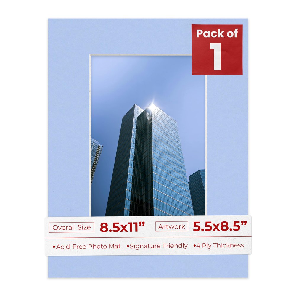 5.5x8.5 Mat for 8.5x11 Frame - Precut Mat Board Acid-Free Baby Blue 5.5x8.5 Photo Matte For a 8.5x11 Picture Frame, Premium Matboard for Family Photos, Show Kits, Art, Picture Framing, Pack of 1 Mat