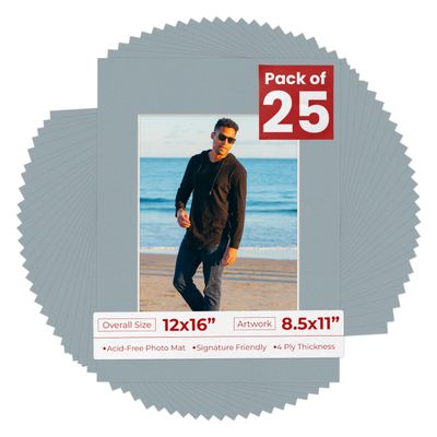 8.5x11 Mat for 12x16 Frame - Precut Mat Board Acid-Free Metallic Silver 8.5x11 Photo Matte For a 12x16 Picture Frame, Matboard for Family Photos, Show Kits, Art, Picture Framing, Pack of 25 Mats