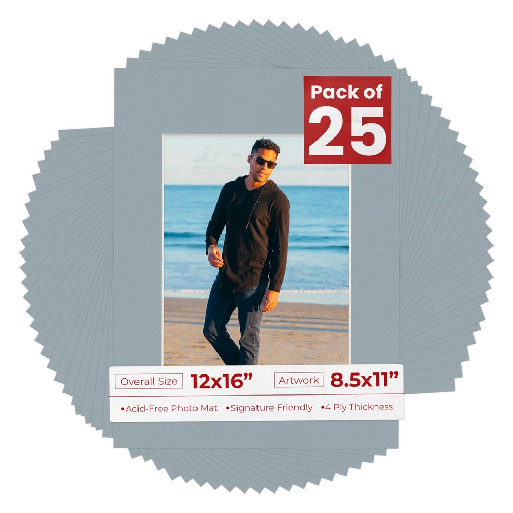 8.5x11 Mat for 12x16 Frame - Precut Mat Board Acid-Free Metallic Silver 8.5x11 Photo Matte For a 12x16 Picture Frame, Matboard for Family Photos, Show Kits, Art, Picture Framing, Pack of 25 Mats