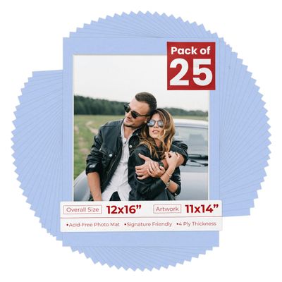 11x14 Mat for 12x16 Frame - Precut Mat Board Acid-Free Baby Blue 11x14 Photo Matte For a 12x16 Picture Frame, Premium Matboard for Family Photos, Show Kits, Art, Picture Framing, Pack of 25 Mats