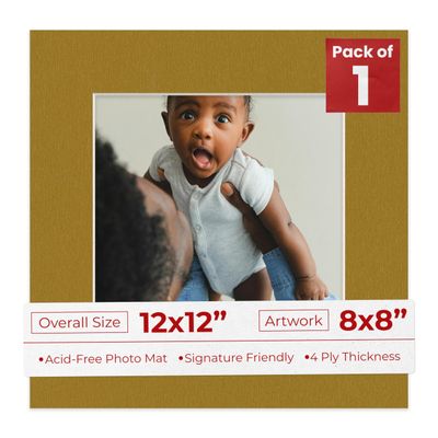 8x8 Mat for 12x12 Frame - Precut Mat Board Acid-Free Metallic Gold 8x8 Photo Matte Made to Fit a 12x12 Picture Frame, Premium Matboard for Family Photos, Show Kits, Art, Picture Framing, Pack of 1 Mat