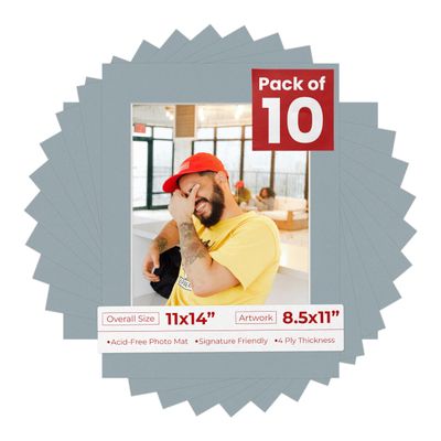 8.5x11 Mat for 11x14 Frame - Precut Mat Board Acid-Free Metallic Silver 8.5x11 Photo Matte For a 11x14 Picture Frame, Matboard for Family Photos, Show Kits, Art, Picture Framing, Pack of 10 Mats
