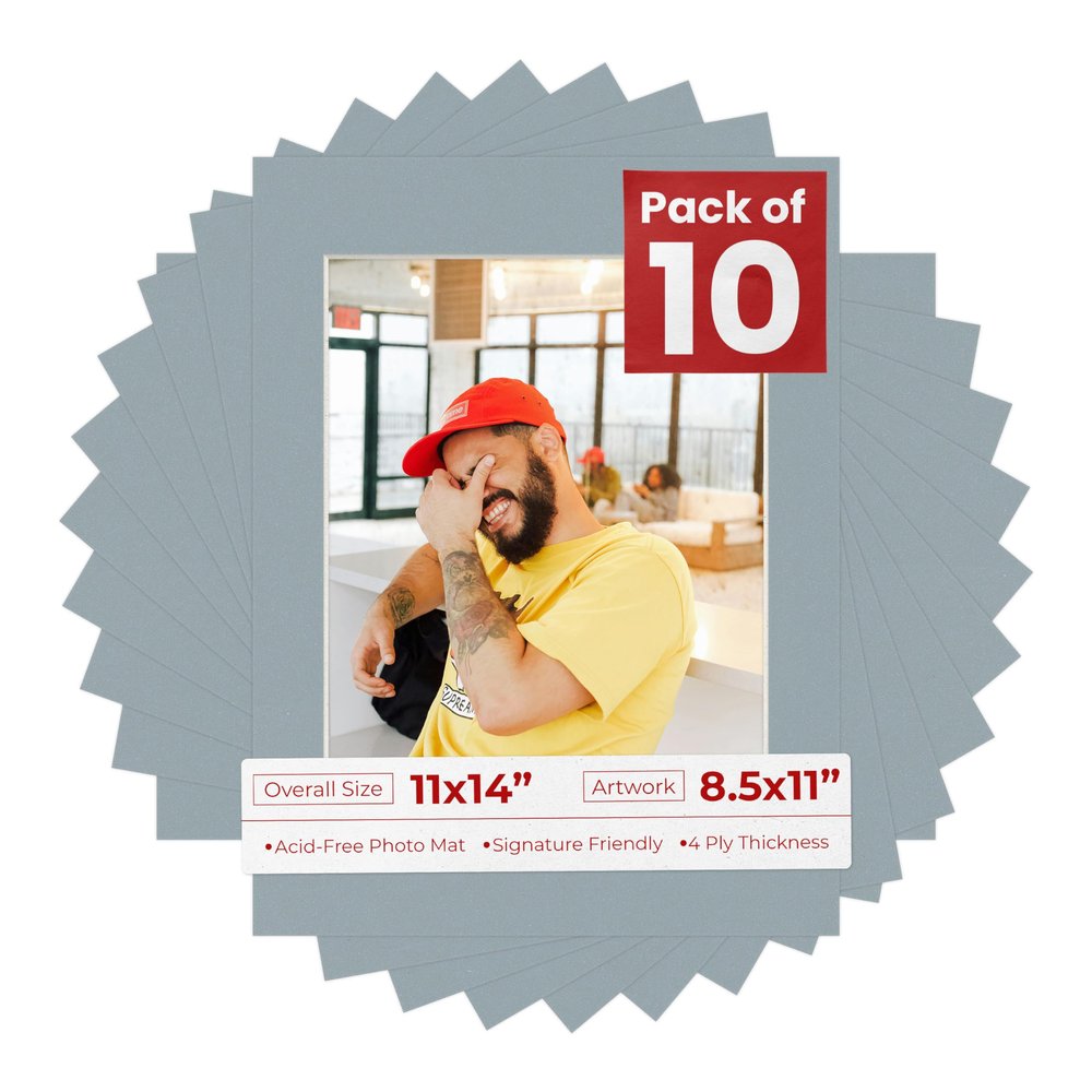 8.5x11 Mat for 11x14 Frame - Precut Mat Board Acid-Free Metallic Silver 8.5x11 Photo Matte For a 11x14 Picture Frame, Matboard for Family Photos, Show Kits, Art, Picture Framing, Pack of 10 Mats