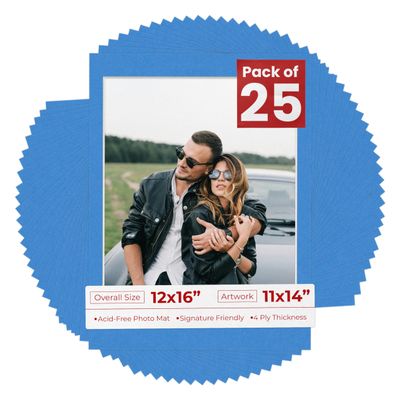 11x14 Mat for 12x16 Frame - Precut Mat Board Acid-Free Bay Blue 11x14 Photo Matte For a 12x16 Picture Frame, Premium Matboard for Family Photos, Show Kits, Art, Picture Framing, Pack of 25 Mats