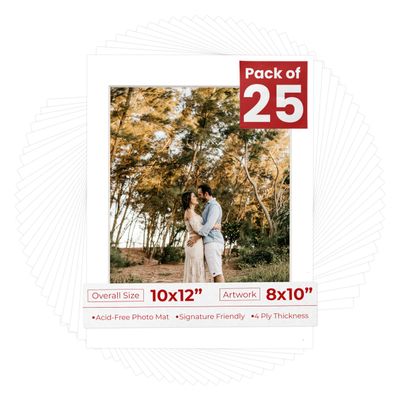 8x10 Mat for 10x12 Frame - Precut Mat Board Acid-Free White 8x10 Photo Matte Made to Fit a 10x12 Picture Frame, Premium Matboard for Family Photos, Show Kits, Art, Picture Framing, Pack of 25 Mats