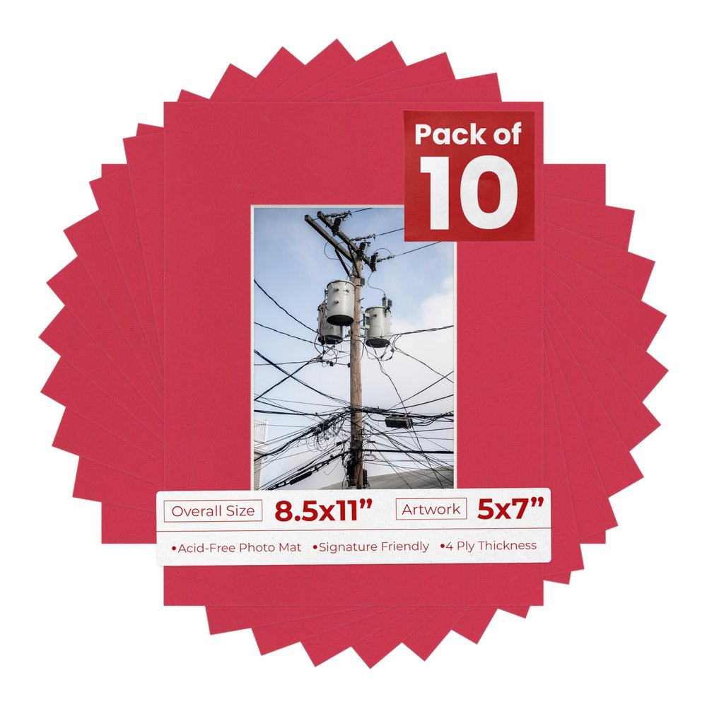 5x7 Mat for 8.5x11 Frame - Precut Mat Board Acid-Free Deep Red 5x7 Photo Matte Made to Fit a 8.5x11 Picture Frame, Premium Matboard for Family Photos, Show Kits, Art, Picture Framing, Pack of 10 Mats