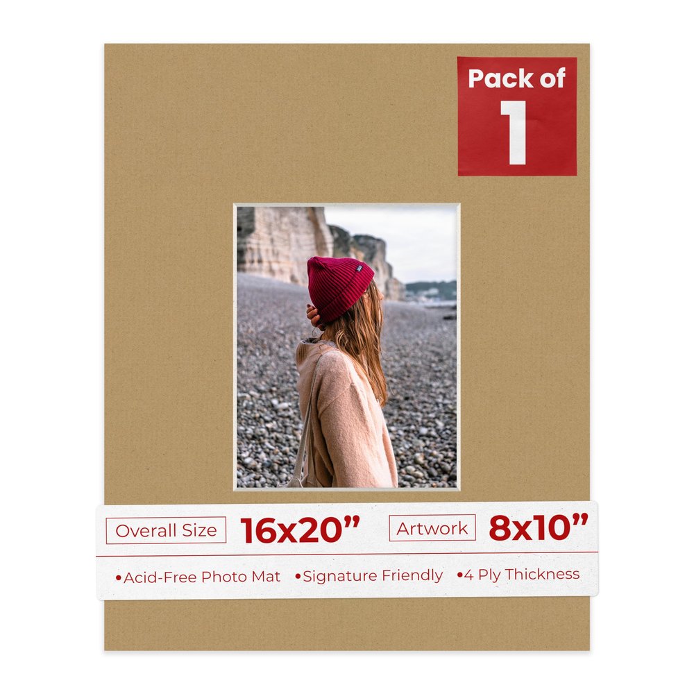 8x10 Mat for 16x20 Frame - Precut Mat Board Acid-Free Rattan Beige 8x10 Photo Matte For a 16x20 Picture Frame, Premium Matboard for Family Photos, Show Kits, Art, Picture Framing, Pack of 1 Mat