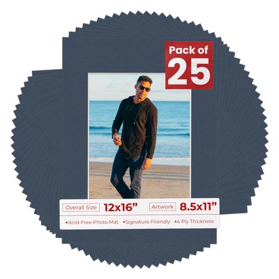 8.5x11 Mat for 12x16 Frame - Precut Mat Board Acid-Free Navy 8.5x11 Photo Matte Made to Fit a 12x16 Picture Frame, Premium Matboard for Family Photos, Show Kits, Art, Picture Framing, Pack of 25 Mats
