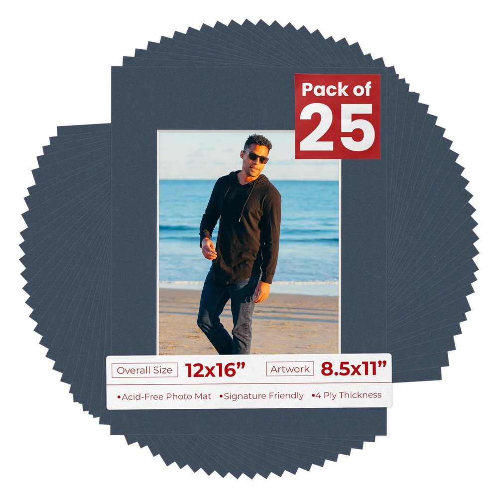 8.5x11 Mat for 12x16 Frame - Precut Mat Board Acid-Free Navy 8.5x11 Photo Matte Made to Fit a 12x16 Picture Frame, Premium Matboard for Family Photos, Show Kits, Art, Picture Framing, Pack of 25 Mats