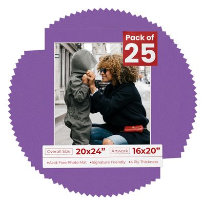16x20 Mat for 20x24 Frame - Precut Mat Board Acid-Free Purple 16x20 Photo Matte Made to Fit a 20x24 Picture Frame, Premium Matboard for Family Photos, Show Kits, Art, Picture Framing, Pack of 25 Mats