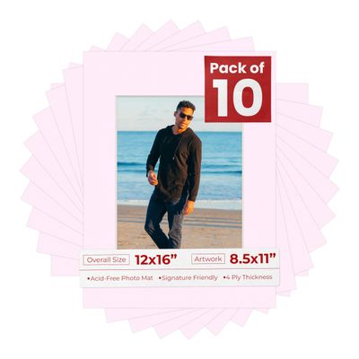8.5x11 Mat for 12x16 Frame - Precut Mat Board Acid-Free Soft Pink 8.5x11 Photo Matte For a 12x16 Picture Frame, Premium Matboard for Family Photos, Show Kits, Art, Picture Framing, Pack of 10 Mats
