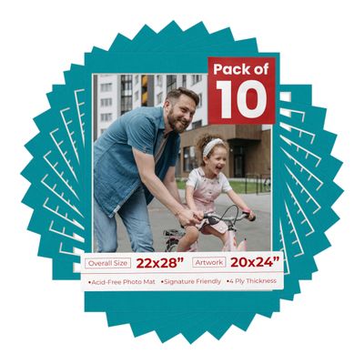 20x24 Mat for 22x28 Frame - Precut Mat Board Acid-Free Teal Blue 20x24 Photo Matte for a 22x28 Picture Frame, Premium Matboard for Family Photos, Show Kits, Art, Picture Framing, Pack of 10 Mats
