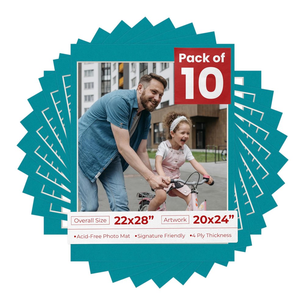 20x24 Mat for 22x28 Frame - Precut Mat Board Acid-Free Teal Blue 20x24 Photo Matte for a 22x28 Picture Frame, Premium Matboard for Family Photos, Show Kits, Art, Picture Framing, Pack of 10 Mats