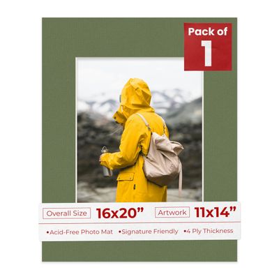 11x14 Mat for 16x20 Frame - Precut Mat Board Acid-Free Dill Green 11x14 Photo Matte For a 16x20 Picture Frame, Premium Matboard for Family Photos, Show Kits, Art, Picture Framing, Pack of 1 Mat