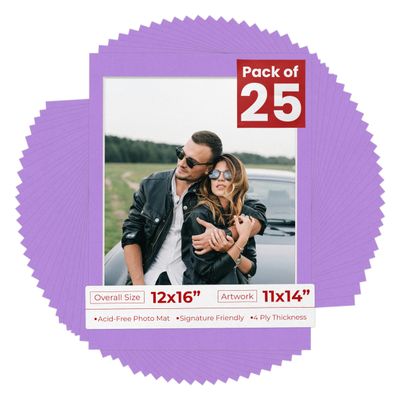 11x14 Mat for 12x16 Frame - Precut Mat Board Acid-Free Light Purple 11x14 Photo Matte For a 12x16 Picture Frame, Premium Matboard for Family Photos, Show Kits, Art, Picture Framing, Pack of 25 Mats