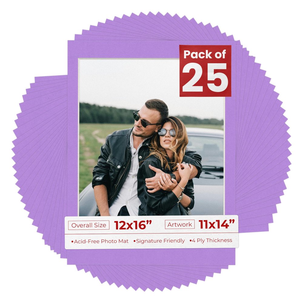 11x14 Mat for 12x16 Frame - Precut Mat Board Acid-Free Light Purple 11x14 Photo Matte For a 12x16 Picture Frame, Premium Matboard for Family Photos, Show Kits, Art, Picture Framing, Pack of 25 Mats