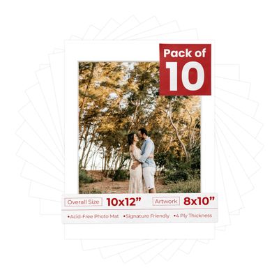8x10 Mat for 10x12 Frame - Precut Mat Board Acid-Free White 8x10 Photo Matte Made to Fit a 10x12 Picture Frame, Premium Matboard for Family Photos, Show Kits, Art, Picture Framing, Pack of 10 Mats