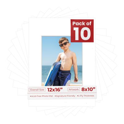 8x10 Mat for 12x16 Frame - Precut Mat Board Acid-Free Textured White 8x10 Photo Matte For a 12x16 Picture Frame, Premium Matboard for Family Photos, Show Kits, Art, Picture Framing, Pack of 10 Mats