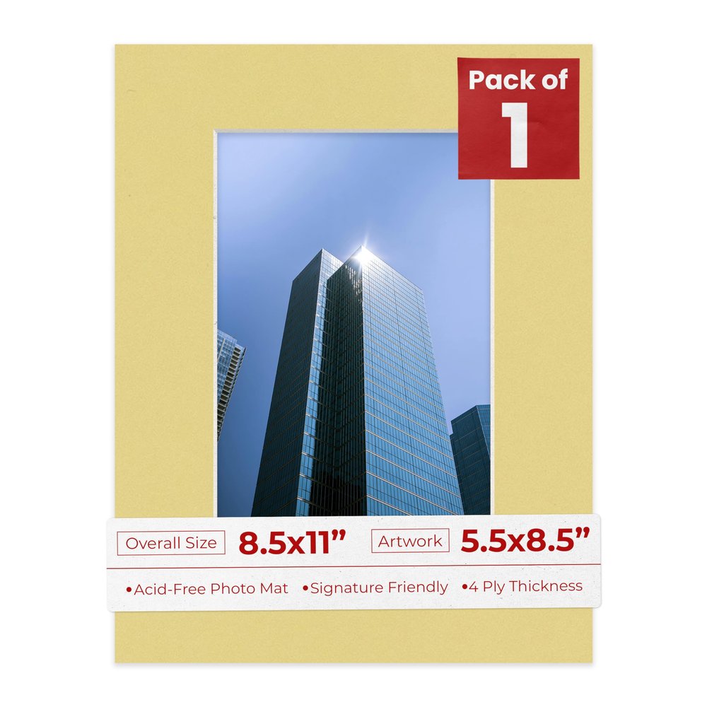 5.5x8.5 Mat for 8.5x11 Frame - Precut Mat Board Acid-Free Soft Yellow 5.5x8.5 Photo Matte For a 8.5x11 Picture Frame, Premium Matboard for Family Photos, Show Kits, Art, Picture Framing, Pack of 1 Mat