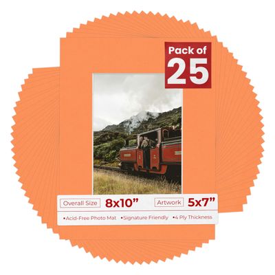 5x7 Mat for 8x10 Frame - Precut Mat Board Acid-Free Orange 5x7 Photo Matte Made to Fit a 8x10 Picture Frame, Premium Matboard for Family Photos, Show Kits, Art, Picture Framing, Pack of 25 Mats