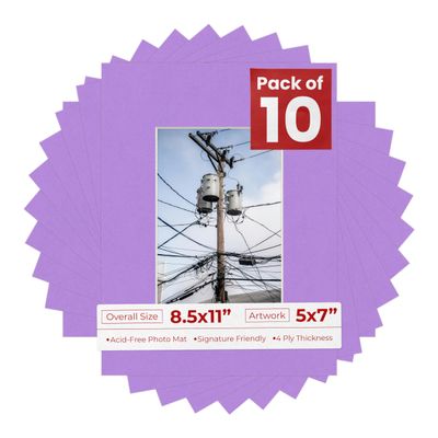 5x7 Mat for 8.5x11 Frame - Precut Mat Board Acid-Free Light Purple 5x7 Photo Matte For a 8.5x11 Picture Frame, Premium Matboard for Family Photos, Show Kits, Art, Picture Framing, Pack of 10 Mats