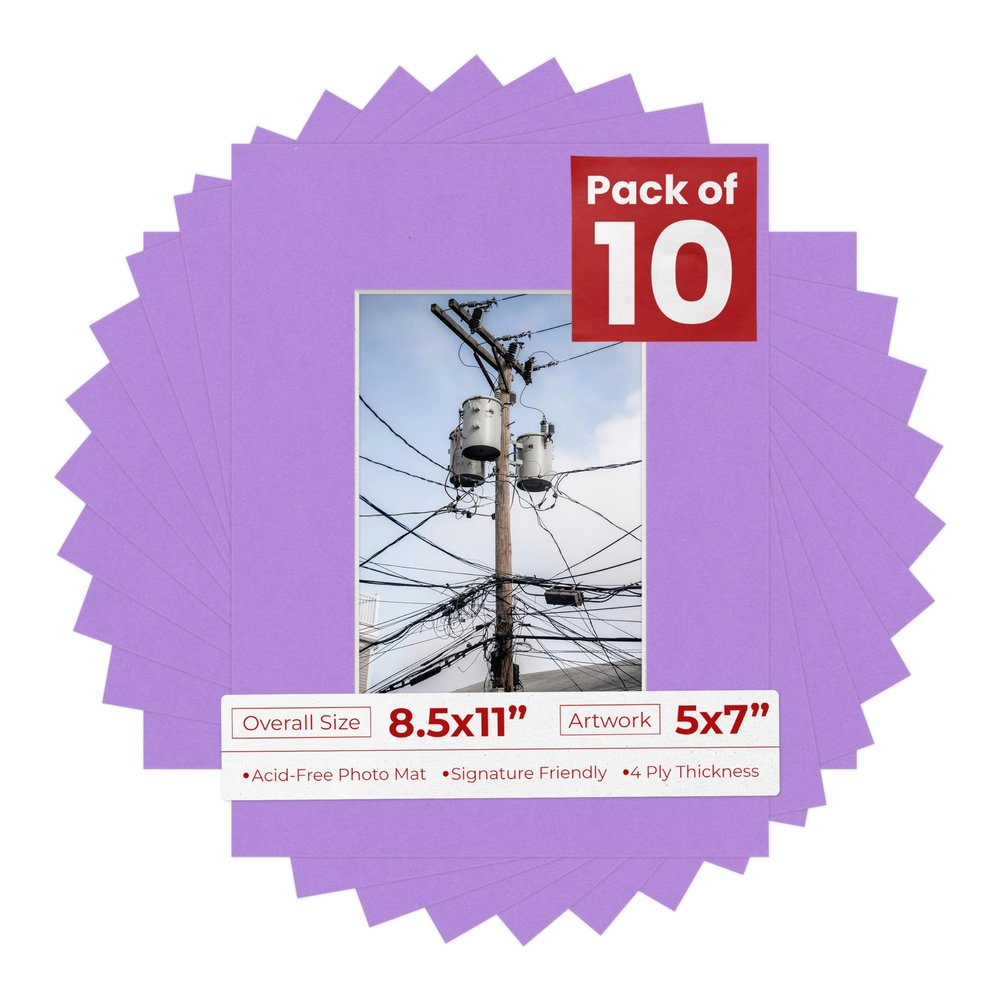 5x7 Mat for 8.5x11 Frame - Precut Mat Board Acid-Free Light Purple 5x7 Photo Matte For a 8.5x11 Picture Frame, Premium Matboard for Family Photos, Show Kits, Art, Picture Framing, Pack of 10 Mats