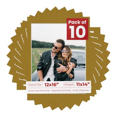 11x14 Mat for 12x16 Frame - Precut Mat Board Acid-Free Metallic Gold 11x14 Photo Matte For a 12x16 Picture Frame, Premium Matboard for Family Photos, Show Kits, Art, Picture Framing, Pack of 10 Mats